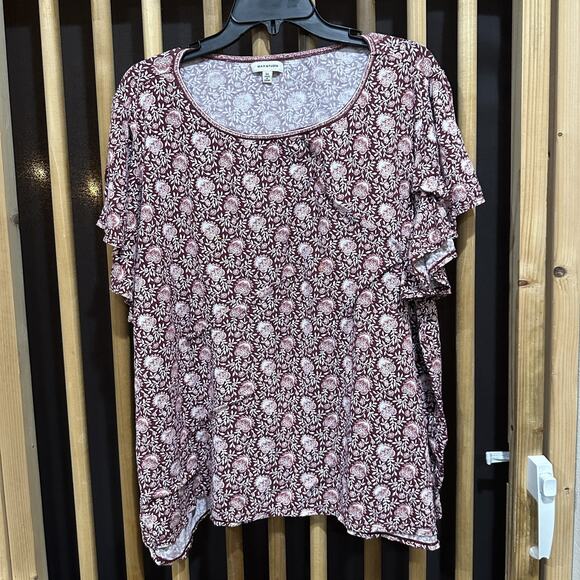 Max Studio Shirt Womens 3X Burgundy Pink Floral Print Flutter Sleeve Stretch Top - Picture 1 of 7
